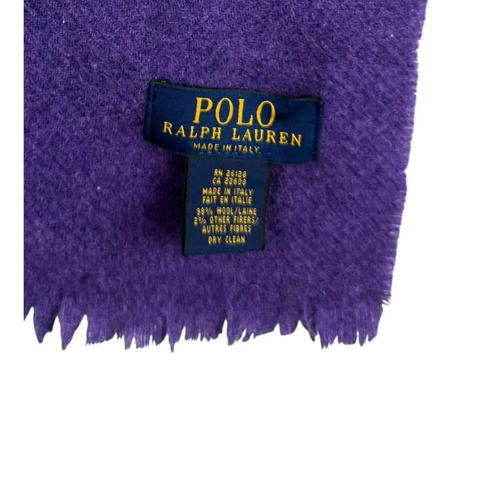 Polo Ralph Lauren Purple Wool Scarf Made in Italy Embroidered Pony Fringe